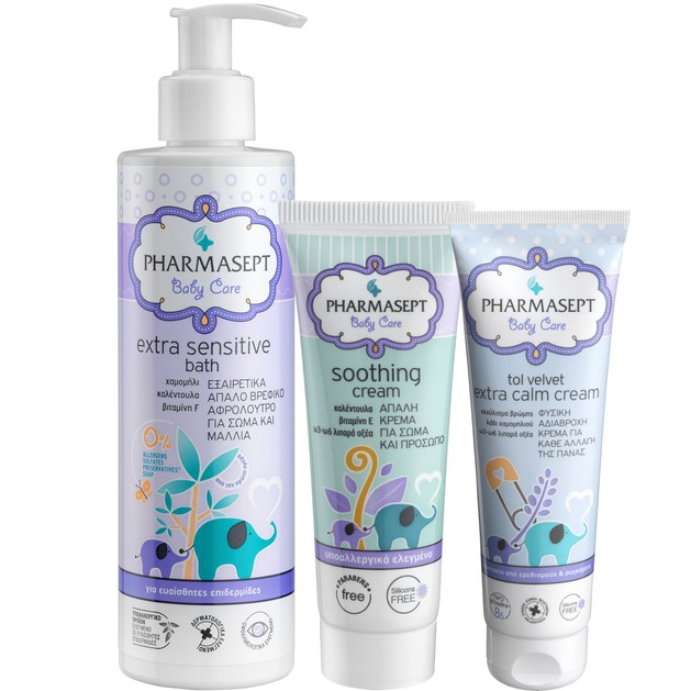 Pharmasept Πακέτο Προσφοράς Baby Extra Sensitive Bath 250ml & Tol Velvet Baby Soothing Cream 150ml & Baby Extra Calm Cream 150ml Pharmasept Πακέτο Προσφοράς Baby Extra Sensitive Bath 250ml & Tol Velvet Baby Soothing Cream 150ml & Baby Extra Calm Cream 150ml