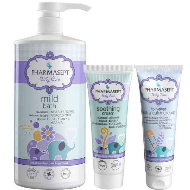 Pharmasept Πακέτο Προσφοράς Baby Care Mild Bath 1Lt & Tol Velvet Baby Soothing Cream 150ml & Baby Extra Calm Cream 150ml Pharmasept Πακέτο Προσφοράς Baby Care Mild Bath 1Lt & Tol Velvet Baby Soothing Cream 150ml & Baby Extra Calm Cream 150ml