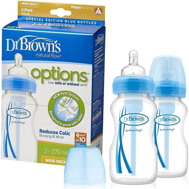 Dr. Brown\'s Natural Flow Options Πλαστικό Μπιμπερό με Φαρδύ Λαιμό & Θηλή Σιλικόνης, Μπλε Χρώμα 2x270ml WB 92405 Dr. Brown\'s Natural Flow Options Πλαστικό Μπιμπερό με Φαρδύ Λαιμό & Θηλή Σιλικόνης, Μπλε Χρώμα 2x270ml WB 92405