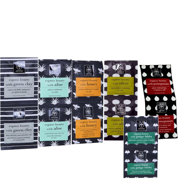 Apivita Face Masks Gift Set Express Beauty Olive , Green Clay, Aloe, Pomegranate, Honey & Δώρο Gingo Biloba & Νεσεσέρ Apivita Face Masks Gift Set Express Beauty Olive , Green Clay, Aloe, Pomegranate, Honey & Δώρο Gingo Biloba & Νεσεσέρ