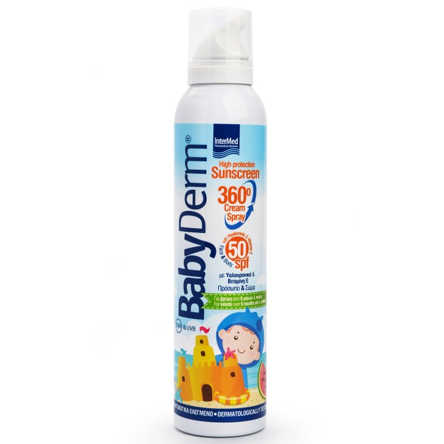 Intermed Babyderm Sunscreen 360° Cream Spray Αντηλιακή Κρέμα σε Μορφή Σπρέι 360° με Υαλουρονικό Spf50 , 200ml Intermed Babyderm Sunscreen 360° Cream Spray Αντηλιακή Κρέμα σε Μορφή Σπρέι 360° με Υαλουρονικό Spf50 , 200ml