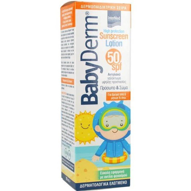 Babyderm Sunscreen Lotion Spf50 Αντηλιακό Γαλάκτωμα Υψηλής Προστασίας για Πρόσωπο/Σώμα Βρέφη απο 6m+ 200ml Babyderm Sunscreen Lotion Spf50 Αντηλιακό Γαλάκτωμα Υψηλής Προστασίας για Πρόσωπο/Σώμα Βρέφη απο 6m+ 200ml
