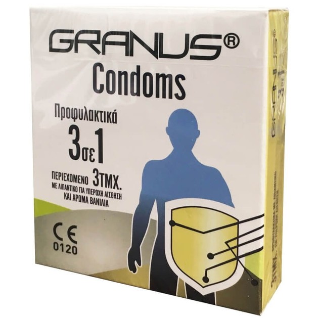 Granus Condoms Προφυλακτικά με Λιπαντικό και Άρωμα Βανίλια 3 σε 1 3τεμ Granus Condoms Προφυλακτικά με Λιπαντικό και Άρωμα Βανίλια 3 σε 1 3τεμ