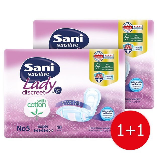 Sani Πακέτο Προσφοράς Sensitive Lady With Cotton No5 Super Σερβιέτες Ακράτειας με Βαμβάκι 2x10 Τεμάχια Sani Πακέτο Προσφοράς Sensitive Lady With Cotton No5 Super Σερβιέτες Ακράτειας με Βαμβάκι 2x10 Τεμάχια