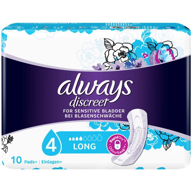 Always Discreet for Sensitive Bladder Long Pads Σερβιέτες Ακράτειας για Μεγάλη Ένταση 10 Τεμάχια Always Discreet for Sensitive Bladder Long Pads Σερβιέτες Ακράτειας για Μεγάλη Ένταση 10 Τεμάχια