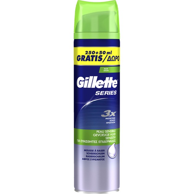 Gillette Series Sensitive Αφρός Ξυρίσματος με Τριπλή Προστασία για Ευαίσθητες Επιδερμίδες Προσφορά 250ml + 50ml Δώρο Gillette Series Sensitive Αφρός Ξυρίσματος με Τριπλή Προστασία για Ευαίσθητες Επιδερμίδες Προσφορά 250ml + 50ml Δώρο