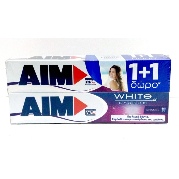 Aim White System Enamel 1+1 Δώρο Οδοντόκρεμα για Λευκά Δοντιά & Διατήρηση της Καλής Υγείας του Σμάλτου 2 x 75 ml Aim White System Enamel 1+1 Δώρο Οδοντόκρεμα για Λευκά Δοντιά & Διατήρηση της Καλής Υγείας του Σμάλτου 2 x 75 ml