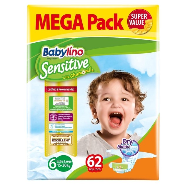 Babylino Sensitive Mega Pack Extra Large Νο6 (15-30kg) Παιδικές Πάνες 62 τεμάχια Babylino Sensitive Mega Pack Extra Large Νο6 (15-30kg) Παιδικές Πάνες 62 τεμάχια