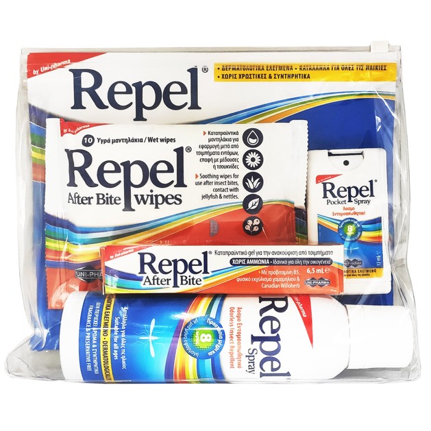 Uni-Pharma Repel Spray 100ml, After Bite Ammonia Free 6.5ml, Spray Pocket Size 15ml & After Bite Wet Wipes 10 wipes Uni-Pharma Repel Spray 100ml, After Bite Ammonia Free 6.5ml, Spray Pocket Size 15ml & After Bite Wet Wipes 10 wipes