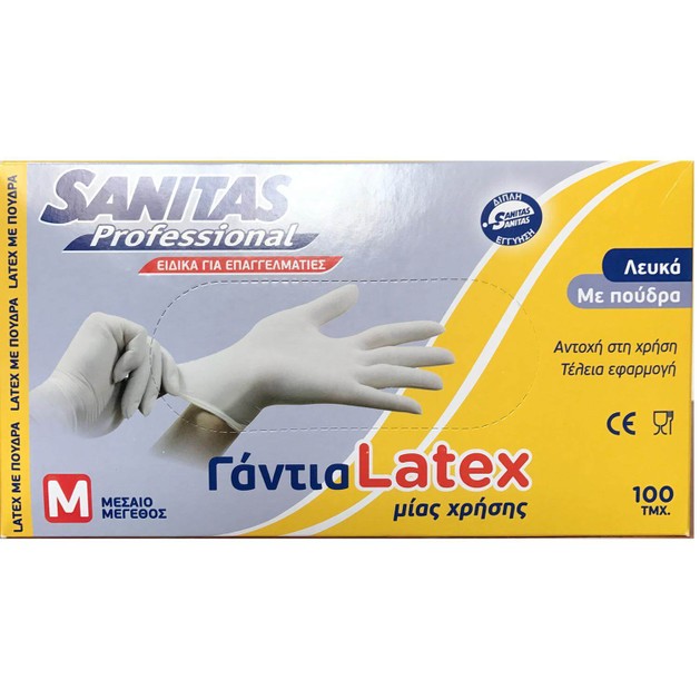Sanitas Professional Γάντια Latex μίας Χρήσης Ειδικά για Επαγγελματίες, Λευκά με Πούδρα 100τμχ Sanitas Professional Γάντια Latex μίας Χρήσης Ειδικά για Επαγγελματίες, Λευκά με Πούδρα 100τμχ
