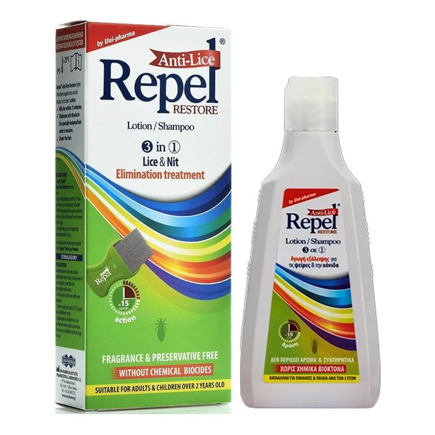 Uni-Pharma Repel Anti-Lice Restore Lotion/Shampoo, Αγωγή Εξάλειψης για Ψείρες & Κόνιδες, Περιλαμβάνεται Ειδικό Χτενάκι 200gr Uni-Pharma Repel Anti-Lice Restore Lotion/Shampoo, Αγωγή Εξάλειψης για Ψείρες & Κόνιδες, Περιλαμβάνεται Ειδικό Χτενάκι 200gr