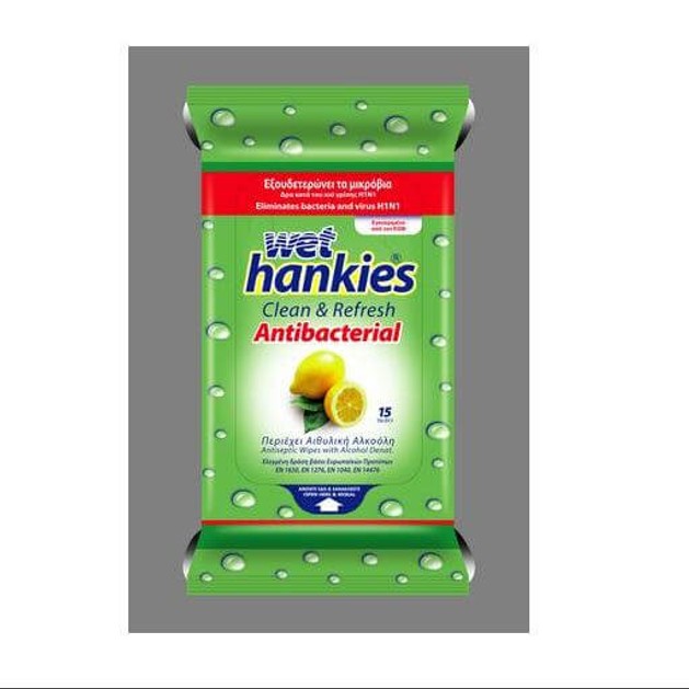 Wet Hankies Antibacterial Lemon Αλκοολούχα Αντιβακτηριδιακά Μαντήλια 15 τεμ. Wet Hankies Antibacterial Lemon Αλκοολούχα Αντιβακτηριδιακά Μαντήλια 15 τεμ.