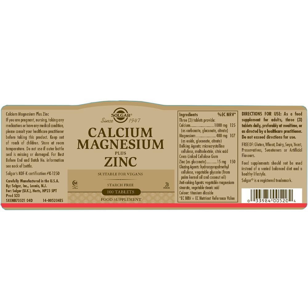 SOLGAR - Calcium Magnesium plus Zinc - 100tabs