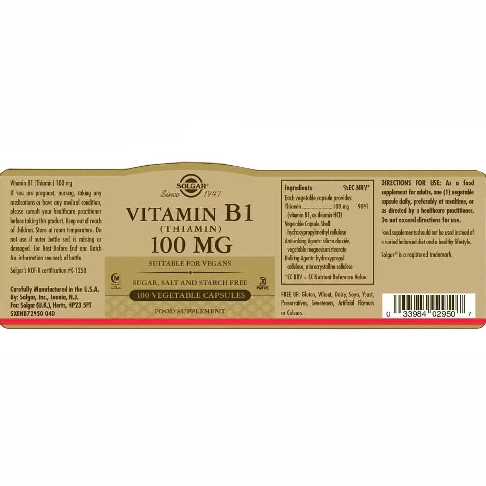 SOLGAR - Vitamin B1 (Thiamin) 100mg - 100caps