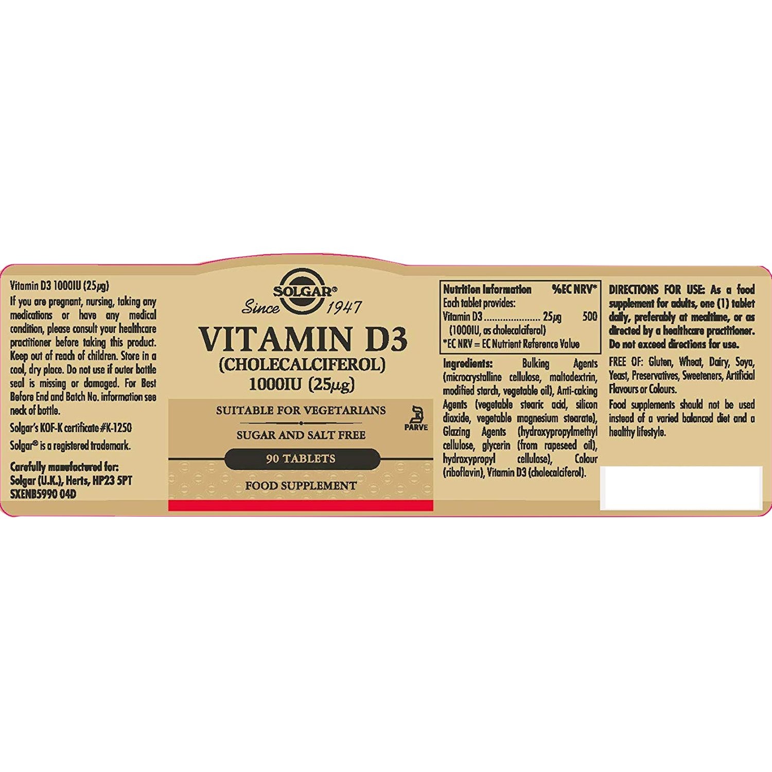SOLGAR - Vitamin D3 1000IU (25μg) - 90tabs
