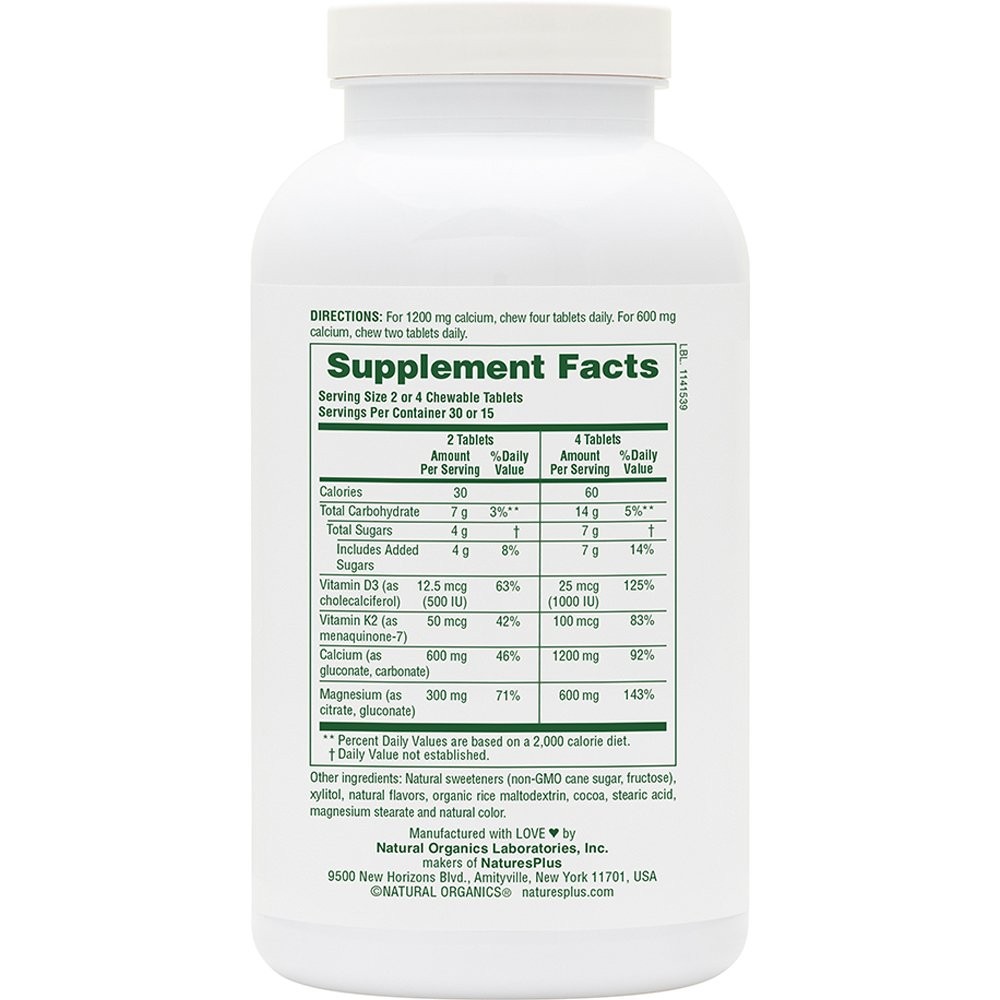 NATURES PLUS - Cal 1200mg/Mag 600mg/VitD3 1000iu with Vitamin K2 - 60chew.tabs (chocolate)
