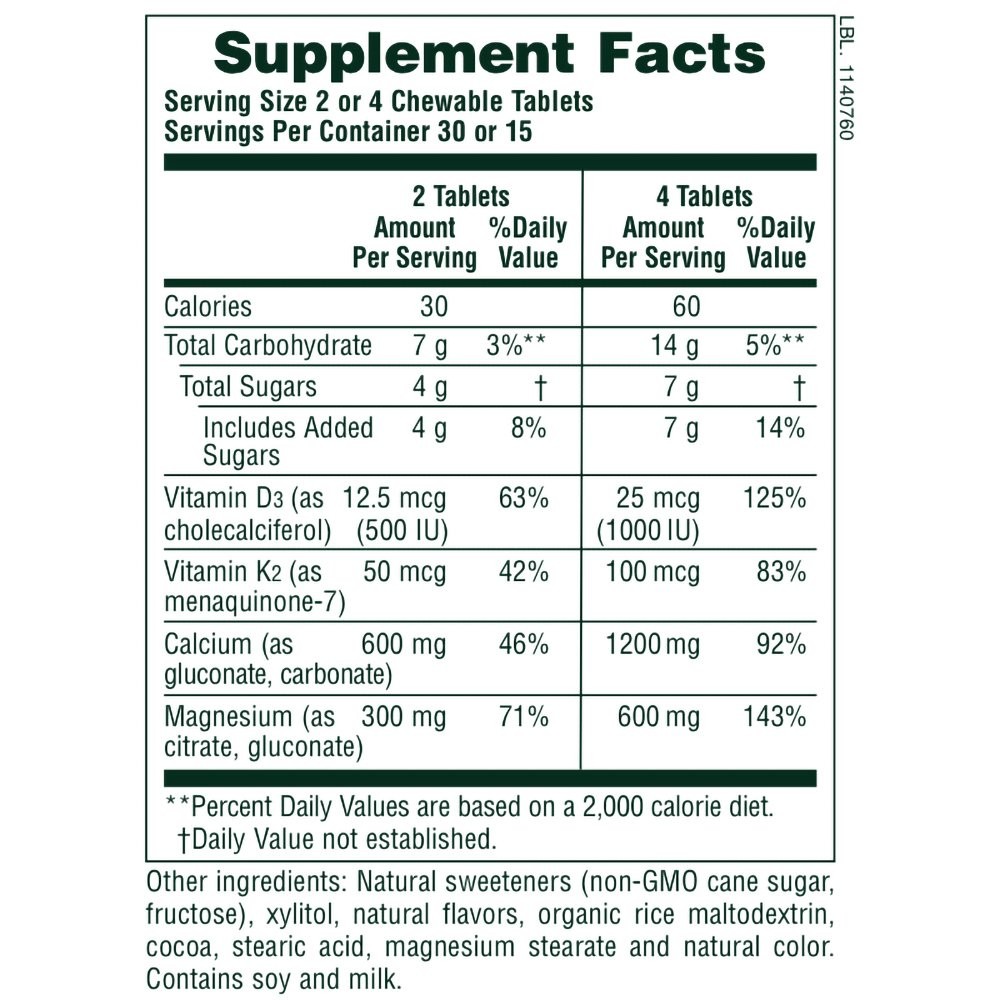 NATURES PLUS - Cal 1200mg/Mag 600mg/VitD3 1000iu with Vitamin K2 - 60chew.tabs (chocolate)