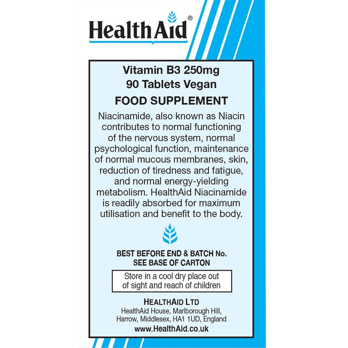 HEALTH AID - VEGAN Vitamin B3 (Niacin) 250mg - 90tabs
