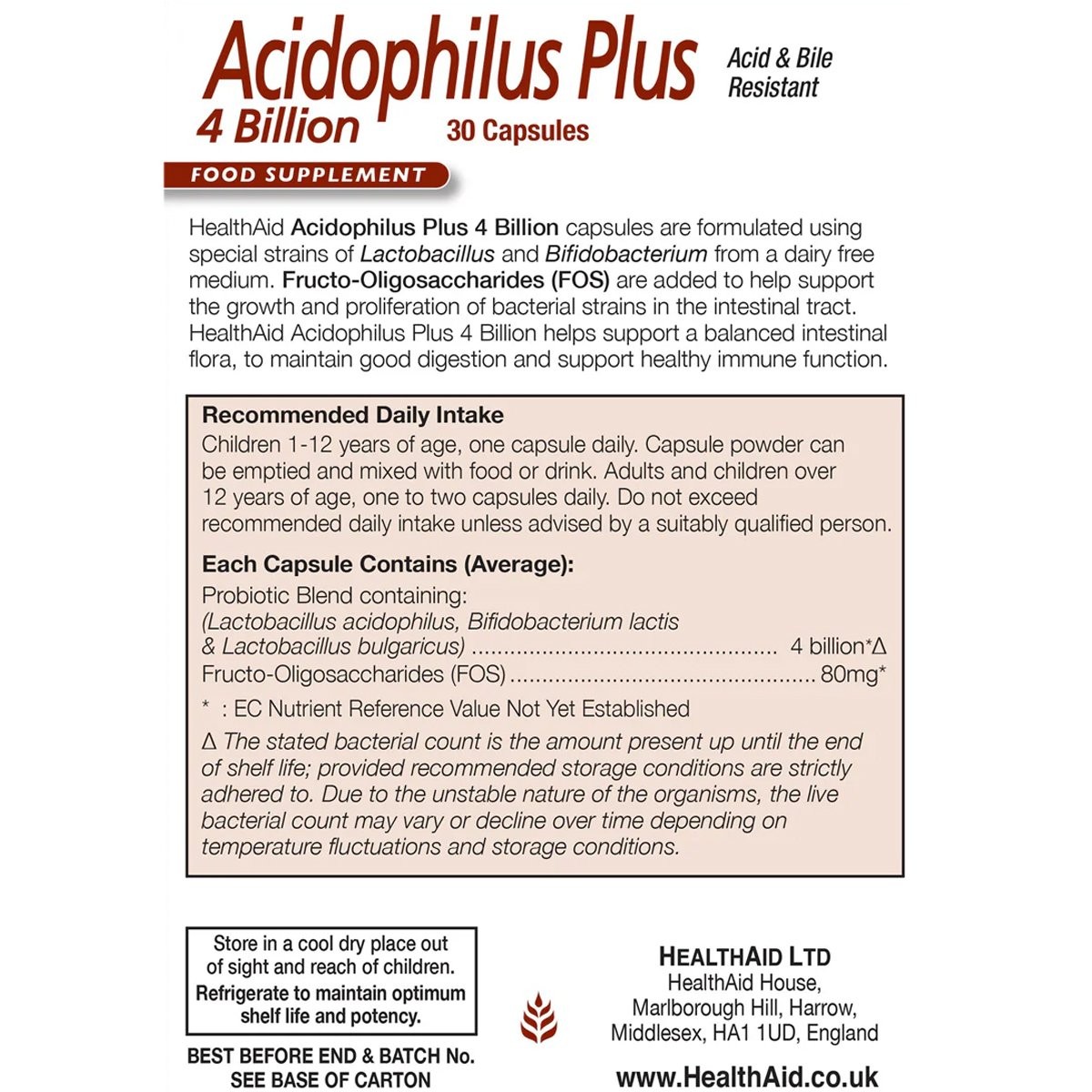 HEALTH AID - Acidophilus Plus 4 Billion with FOS - 30caps