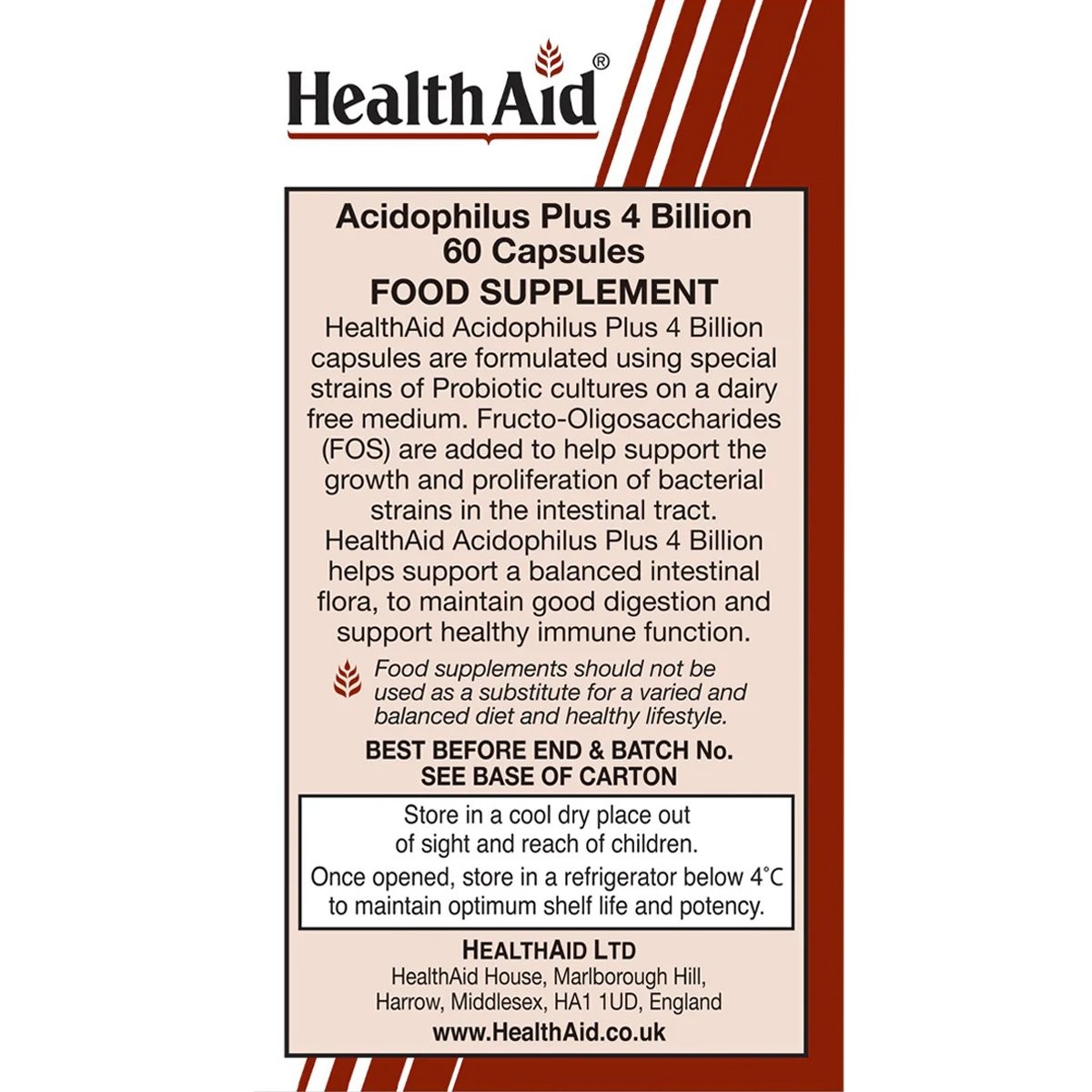 HEALTH AID - Acidophilus Plus 4 Billion with FOS - 60caps