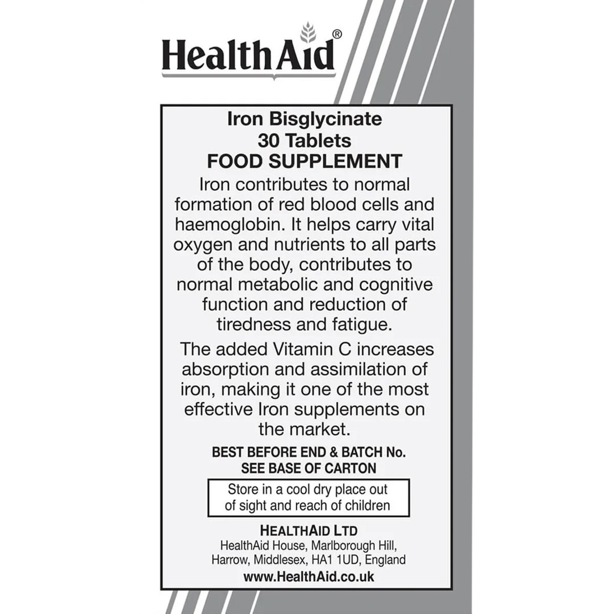 HEALTH AID - Iron Bisglycinate with Vitamin C - 30tabs