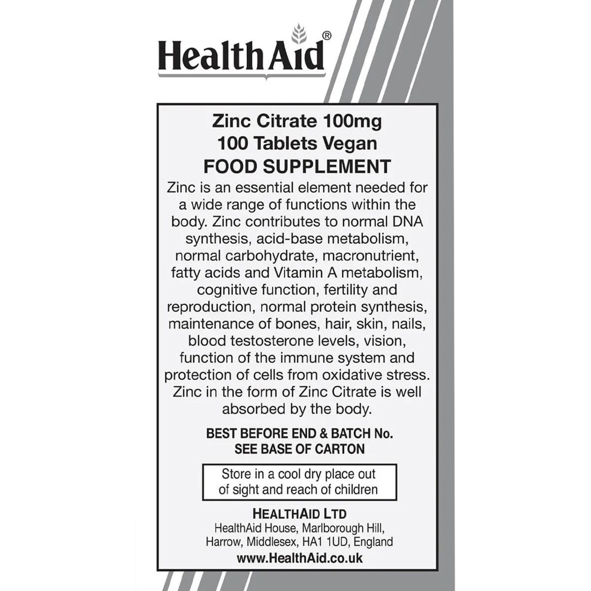 HEALTH AID - Zinc Citrate 100mg - 100tabs