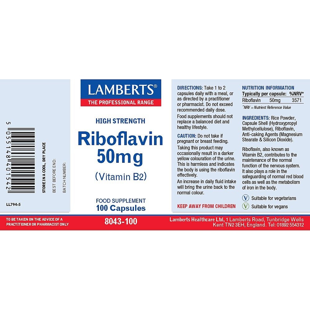 LAMBERTS - Riboflavin 50mg (Vitamin B2) - 100caps