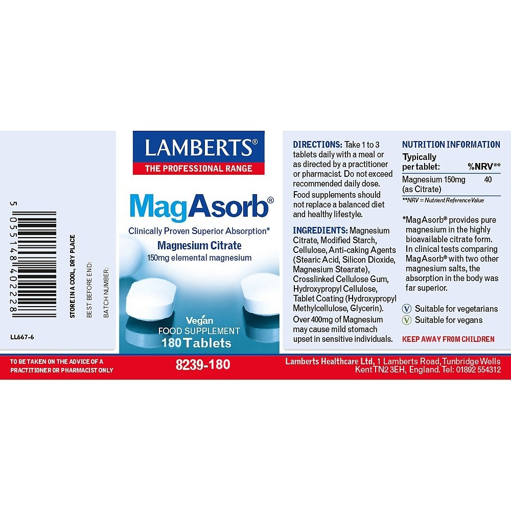 LAMBERTS - MagAsorb Magnesium (as Citrate) 150mg - 180tabs