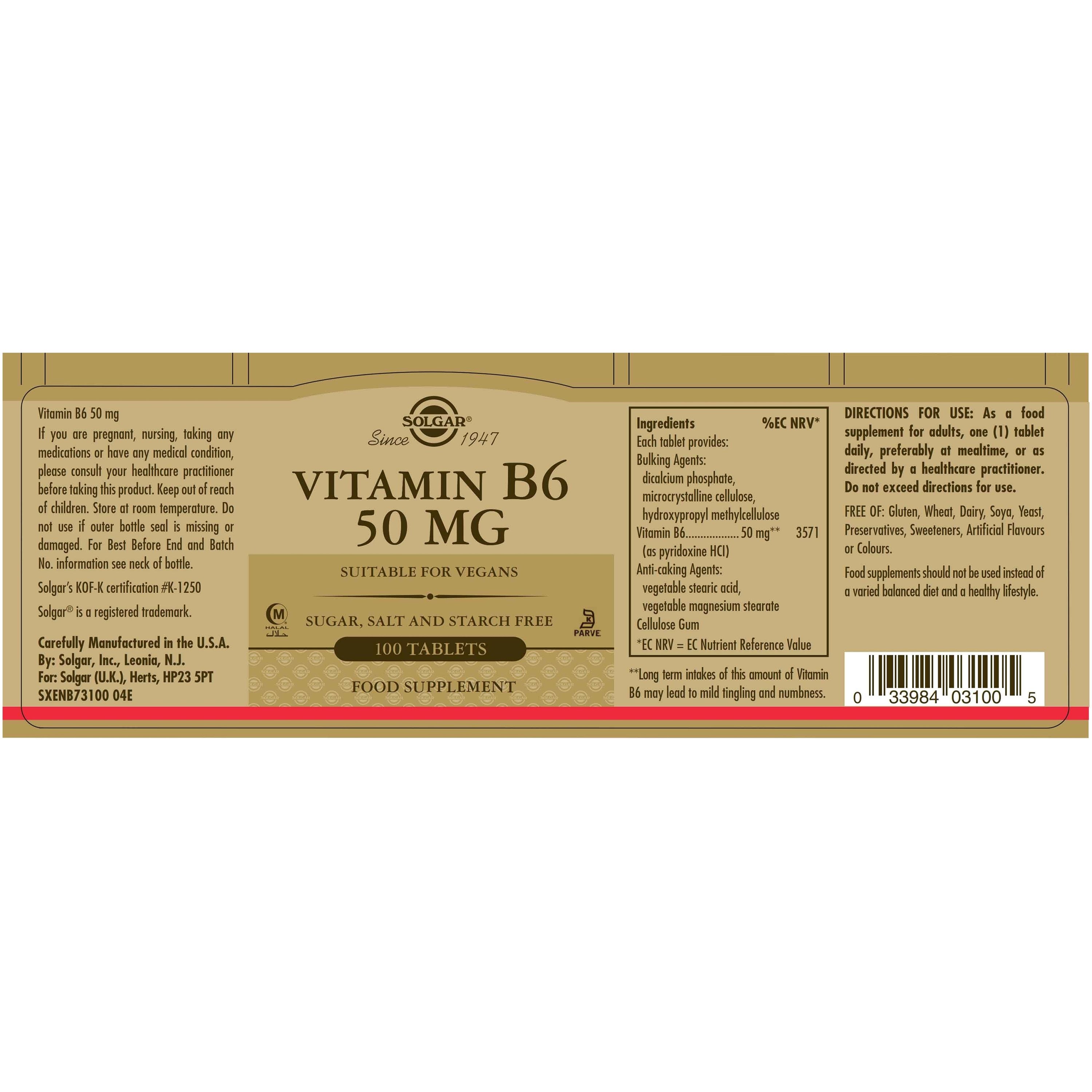 SOLGAR - Vitamin B6 50mg - 100tabs