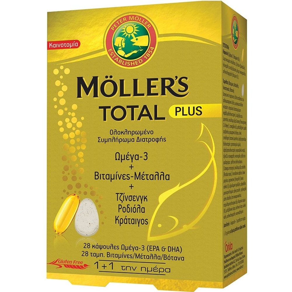 Moller’s Total Plus Συμπλήρωμα Διατροφής με Ωμέγα 3, Βιταμίνες-Μέταλλα & 3 Βότανα για Τόνωση του Οργανισμού 28+28Tabs