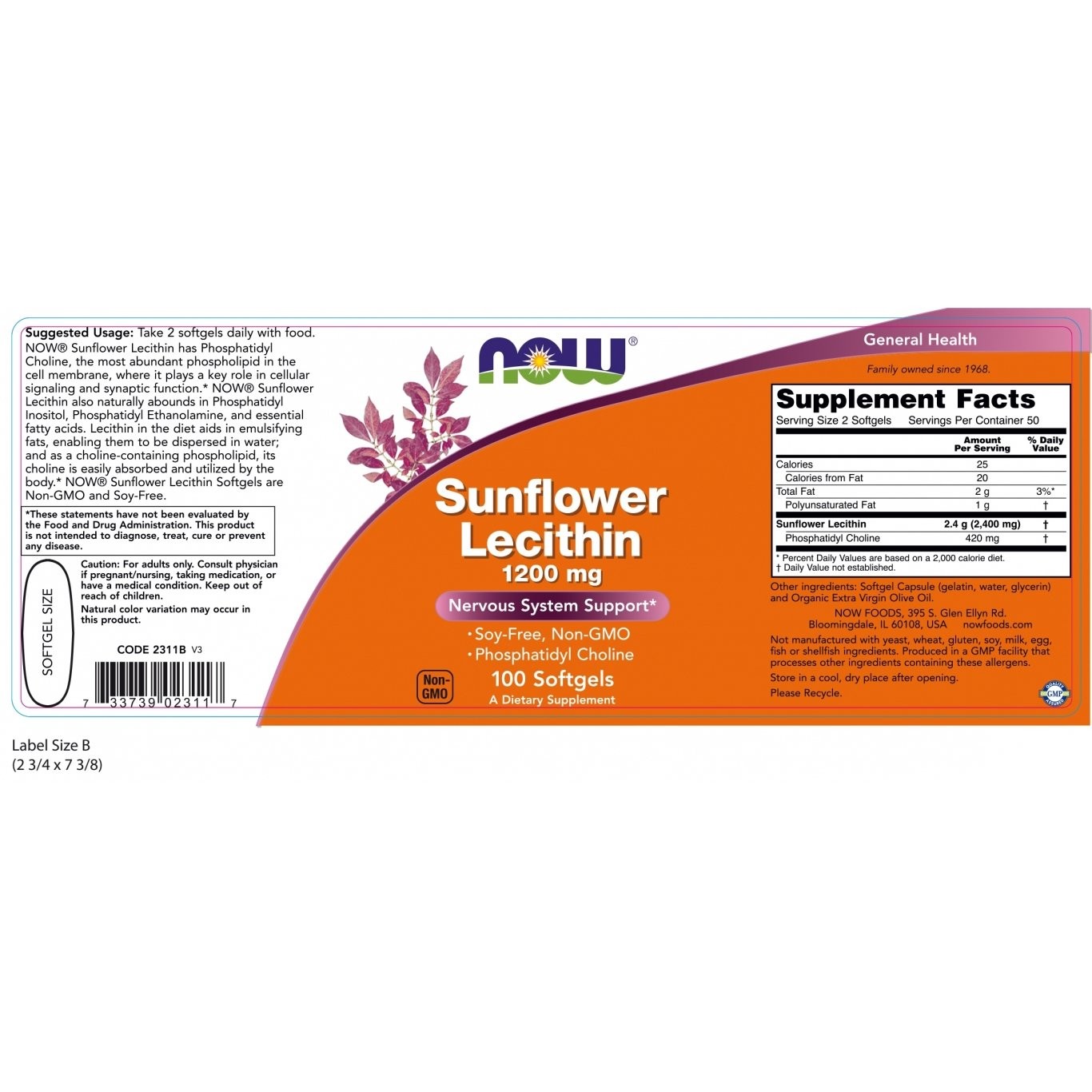 NOW - Sunflower Lecithin 1200mg - 100softgels
