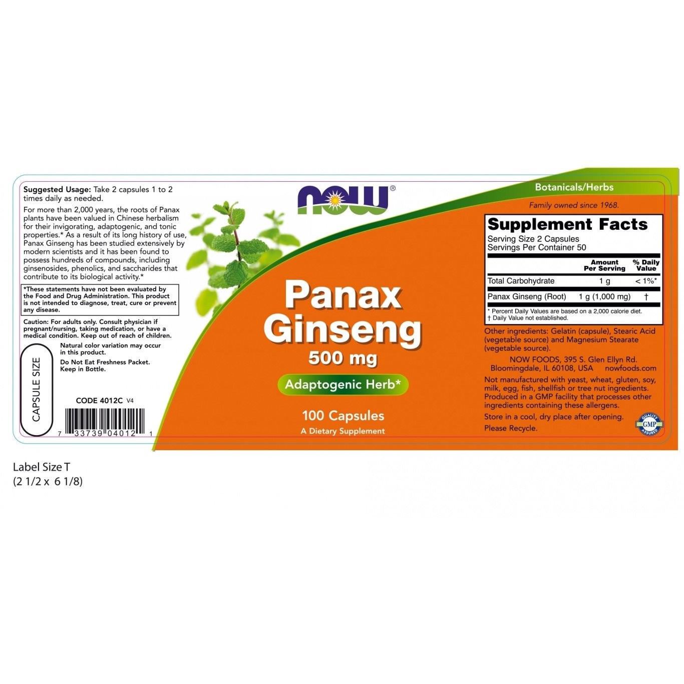 NOW - Panax Ginseng 500mg - 100caps