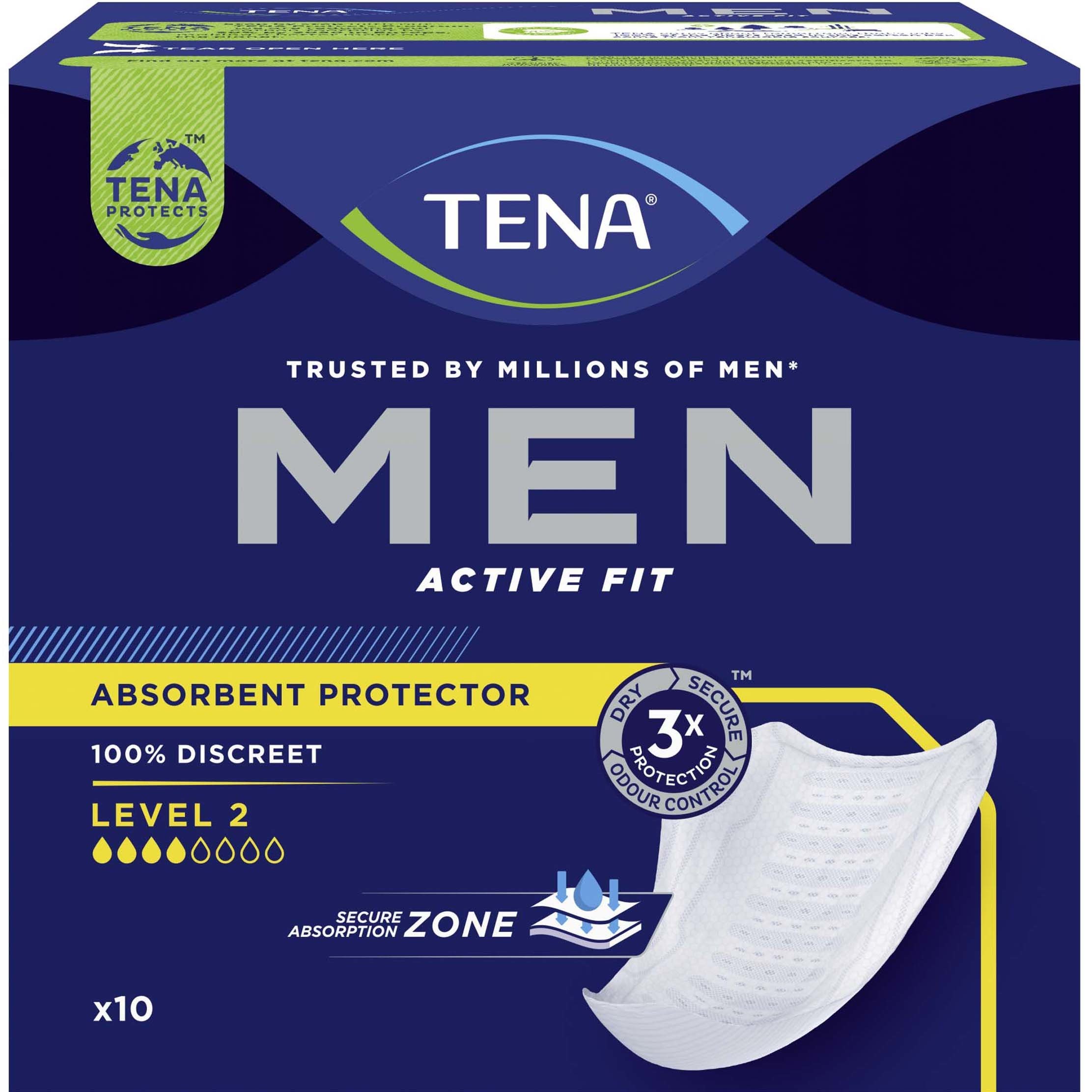 Tena Men Absorbent Protector Level 2 Διακριτική και Ασφαλής Προστασία για την Αντρική Μέτριας Μορφής Ακράτεια 10τμχ