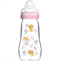 Mam Feel Good Premium Glass Bottle 2m+ Ροζ 260ml, Κωδ 375S - Γυάλινο Μπιμπερό με Επίπεδη, Μαλακή Θηλή Σιλικόνης