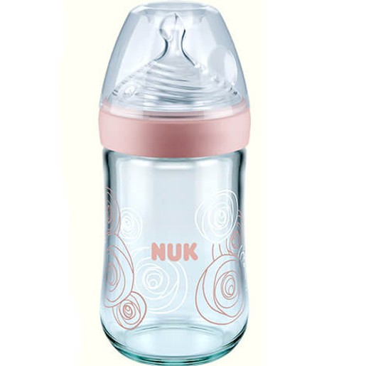 Nuk Nature Sense Γυάλινο Μπιμπερό με Θηλή Σιλικόνης Μεγέθους 1 (0-6 Μηνών) Medium Οπή για Γάλα 240ml - ροζ