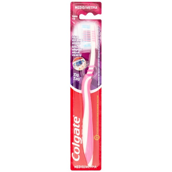 Colgate ZigZag Medium Οδοντόβουρτσα Μέτρια που Βοηθά στον Καθαρισμό των Δυσπρόσιτων Σημείων 1 Τεμάχιο - ροζ