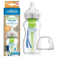 Dr. Brown\'s Опции+ Стъклена бебешка бутилка против колики с широко гърло 0m+, 270ml