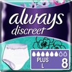 Always Discreet Pants Plus Large Υπεραπορροφητικό Εσώρουχο Ακράτειας, Απορροφά & τις Βαρύτερες Διαρροές 8 Τεμάχια σε Ειδική Τιμή