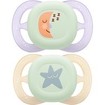 Philips Avent Ultra Start Nighttime Silicone Orthodontic Soother 0-2m, 2 Τεμάχια - Μωβ / Κίτρινο