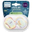 Philips Avent Ultra Air Nighttime Silicone Soother 0-6m Κωδ SCF376/25, 2 Τεμάχια Κίτρινο - Ανοιχτό / Λιλά